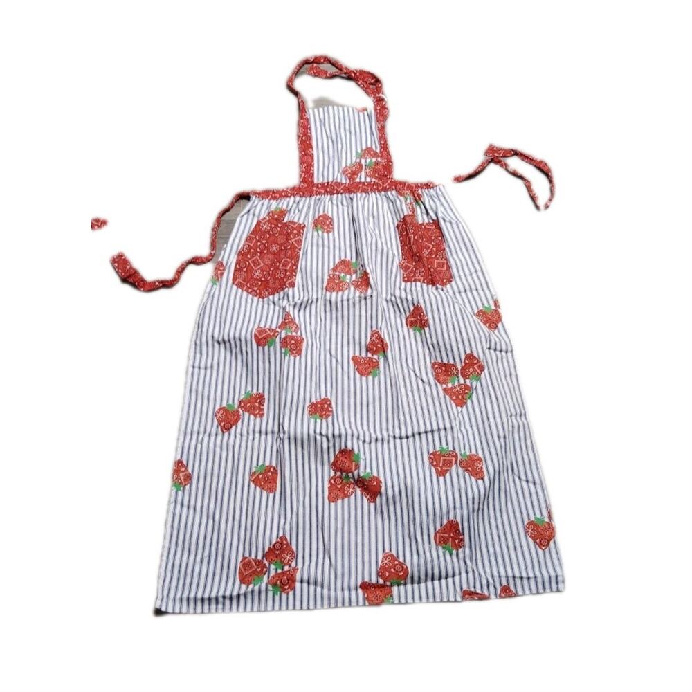 Vintage Apron Long Striped Strawberry Cottage Core Kitschy
